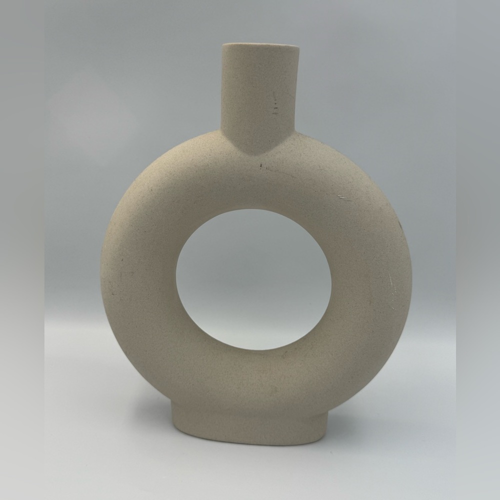 Beige Ceramic Donut Vase Modern Minimalist Round Matte Decor 9in